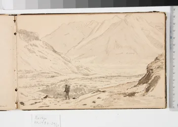 Paisagem montanhosa com três homens a descansar na relva e duas mulheres a tocar dulcimer
