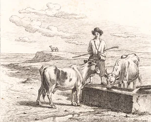 Um rapaz pastor junto de um bebedouro. Ilustração para «Vinte e cinco imagens para crianças pequenas», de Chr. Winther