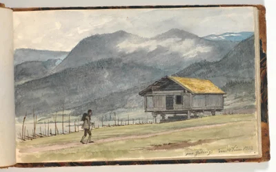 Paisagem montanhosa com cabine e caminhante