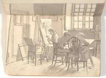 Interior da academia com artistas de pintura e desenho