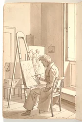 Interior da academia com jovem artista pintando em cavalete
