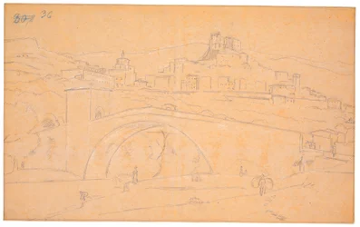 Paisagem italiana com uma ponte sobre um rio e a cidade de Subiaco ao fundo