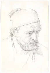 Retrato de um homem barbudo, de perfil a três quartos para a direita, com fez