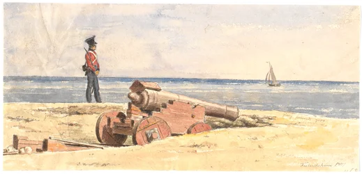 Sentinela e canhão na praia de Frederikshavn