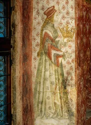 Margarete Maultasch, condessa do Tirol, num mural numa janela da câmara de banhos do castelo de Runkelstein, no Tirol do Sul ... (pintura mural)