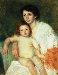 Bebé nua ao colo da mãe, com o braço direito apoiado no encosto da cadeira, 1913