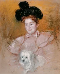 Mulher segura, um, cão, (pastel, ligado, paper)