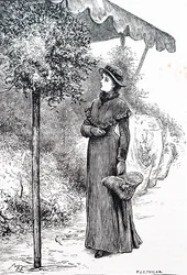 Uma mulher a comprar azevinho para usar nas decorações de Natal. Por Mary Ellen Edwards (1838-1934) uma artista inglesa