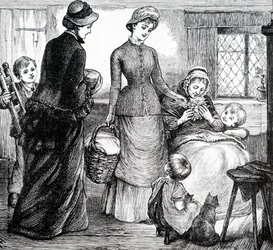 Uma mulher a dar presentes a um pobre coabitante. Por Mary Ellen Edwards (1838-1934) uma artista inglesa