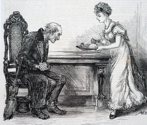 Uma mulher a dar um jantar quente ao varredor da travessia. Por Mary Ellen Edwards (1838-1934) uma artista inglesa