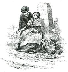 Uma mãe despossuída e solteira encontrada exausta a caminho da Casa de Trabalho com o seu bebé. Cena que lembra um romance de Thomas Hardy, mas não raro em zonas rurais de todo o país. Ilustração de Mary Ellen Edwards c1881.