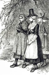 Uma gravura representando meninas galesas em uma Feira Hollantide, uma feira de contratações, esperando para serem contratadas como empregadas domésticas. Ilustrada por Mary Ellen Edwards (1838-1934), artista e ilustradora inglesa de livros infantis.