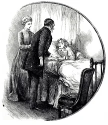 Uma gravura que representa um médico a visitar o seu jovem paciente em casa. Ilustrada por Mary Ellen Edwards (1838-1934), artista inglesa e ilustradora prolífica de livros infantis.