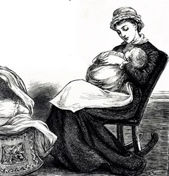 Uma gravura a representar uma mãe a abanar o seu bebé. Ilustrada Mary Ellen Edwards (1838-1934), artista inglesa e ilustradora prolífica de livros infantis.