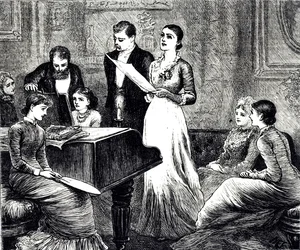 Uma gravura que retrata uma noite musical. Ilustrado por Mary Ellen Edwards (1838-1934), artista e ilustradora inglesa de livros infantis.