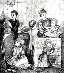 Uma gravura que retrata uma cena regular de uma família vitoriana rica. Na imagem principal, as crianças estão sendo vigiadas por sua babá enquanto brincam com tijolos de construção. A imagem do encarte mostra uma pequena menina colocando uma planta em vas