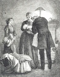 Gravura representando um médico examinando um bebê com sarampo