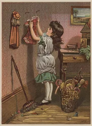 Menina, pendurar, bonecas, roupas, (chromolitho)