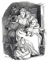 Ilustração retratando uma mãe com seus filhos