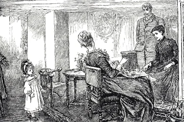Ilustração de uma menina sendo cuidada por suas tias e tio por uma tarde