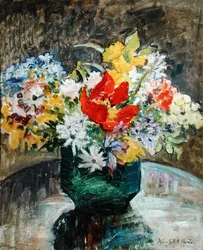 Flores em vaso verde (óleo sobre tela)