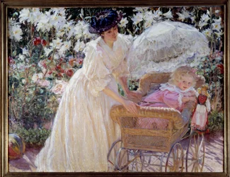 Rosa e lírio Uma mãe e sua filha em um carrinho em um jardim de flores. Pintura de Mary Mac Monnies (1858-1946) 1897 Rouen, Museu de Belas Artes