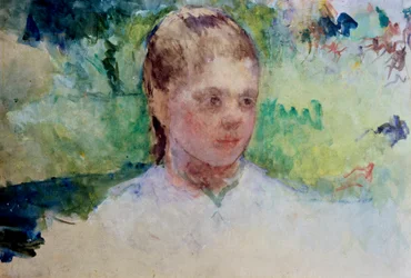 Cabeça de rapariga jovem. Fundo verde. Pintura de Mary Cassatt (1845-1926). Aguarela.