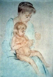 Mulher com uma criança pequena nua ao colo enquanto lhe trata das unhas, cerca de 1904. Mary Cassatt (1844-1926), pintora e gravadora norte-americana que, a partir de 1866, viveu principalmente em França. Vida doméstica, mãe, criança