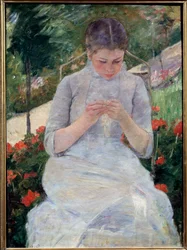 Jovem rapariga no jardim, também intitulada «Mulher a coser num jardim». Pintura de Mary Cassatt (1844-1926), cerca de 1880-1882. Dimensões: 92x63 cm. Museu de Orsay
