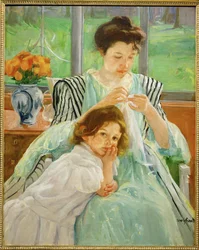 Jovem mãe a coser (pintura sobre tela)