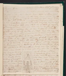 Elizabeth Gwillim na sua secretária, esboço numa carta a Hester James, 7 de fevereiro de 1802 (tinta sobre papel)