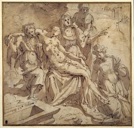 A Pieta (caneta e tinta marrom com lavagem marrom em papel branco)