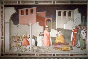 Episódios da passagem de ano: Papa São Silvestre I (Silvestre ou Silvestro) (314-335) fecha a boca do dragão (esquerda) e ressuscita dois terraços de magos pelo sopro do dragão (Papa Silvestre I afastando um dragão e reanimando as suas vítimas) - Fre
