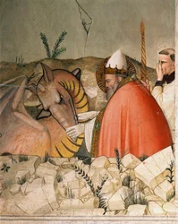 Episódios da vida de Ano Novo: Papa São Silvestre I (Silvester ou Silvestro) (314-335) fecha a boca do dragão. Detalhe. Fresco por Maso di Banco (conhecido por volta de 1341-1346) Florença do século XIV, Chiesa di Santa Croce, Cappella Bardi