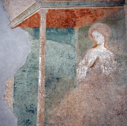 Fresco de Masolino da Panicale no Batistério de Castiglione, pormenor da Anunciação (2)