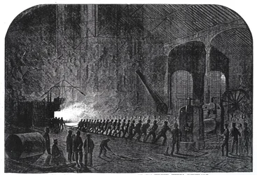 Processo de laminagem de placas de blindagem para os navios de Sua Majestade nas siderurgias Atlas, Sheffield, ilustração de «The Illustrated London News», 14 de setembro de 1861