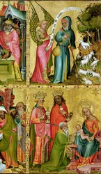 A Anunciação a São Joaquim e a Adoração dos Magos, da ala esquerda do altar de Buxtehude, 1400-10 (têmpera no painel) (detalhe de 159469)