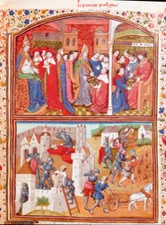 Prólogo: o autor apresenta seu livro ao Duque de Berry e cena do massacre de lavradores Miniatura tirada de "Casos de homens e mulheres nobres infelizes" (De casibus) de Giovanni Boccaccio dit Jean Boccace (1313-1375), escritor italiano, traduzido por La
