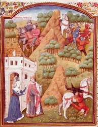 Seleucos (Seleucus) I Nicator e seu pai Antiochos (Antiochus) rei da Ásia e da Síria Um dos dois reis é assassino, queda de cavalo. Miniatura tirada de "Des cas cas des nobles hommes et femmes infortunes" (De casibus) de Giovanni Boccaccio dit Jean Bo