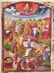 Visão de Boccace: cena de tortura, enforcamento, massacre Miniatura tirada de "Casos de infortúnios de homens e mulheres nobres" (De casibus) de Giovanni Boccaccio dit Jean Boccace (1313-1375), escritor italiano, traduzido por Laurent de Premierfait e enlu