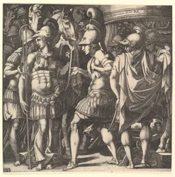 Alexandre dando as boas-vindas a Thalestris e às Amazonas, em meados do século XVI.