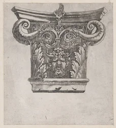 Speculum Romanae Magnificentiae: Capital com volutas de peapod e cabeça de sátiro, ca. 1537., ca. 1537.