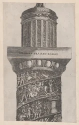 Speculum Romanae Magnificentiae: A parte superior da Coluna de Trajano, mostrando ara..., século XVI.