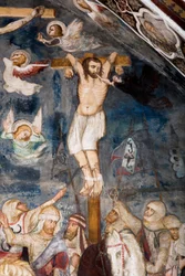 O ladrão não arrependido, crucifica com Jesus, sua alma é arrancada de sua boca por um demônio Representação do ladrão malvado chama de Gesmas ou Gestas. Fresco, pelo mestre do Sacro Speco. Século XIV. Igreja Superior. Mosteiro de São Benedetto (Sacro Spec