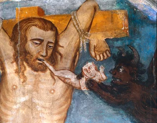 O ladrão não arrependido, crucifica com Jesus, sua alma é arrancada de sua boca por um demônio Representação do ladrão malvado chama de Gesmas ou Gestas. Fresco, pelo mestre do Sacro Speco. Século XIV. Igreja Superior. Mosteiro de São Benedetto (Sacro Spec