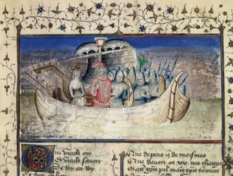 Brutus, o cavalo de Tróia, navega para a Grã-Bretanha, da história dos reis da Grã-Bretanha por Geoffrey of Monmouth (1100-54)