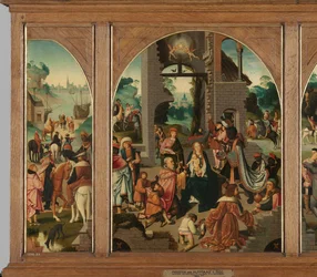 Tríptico com Adoração dos Magos (centro e asas interiores), Santo António Abade (esquerda, ala exterior) e Santo Adrian (direita, ala exterior)