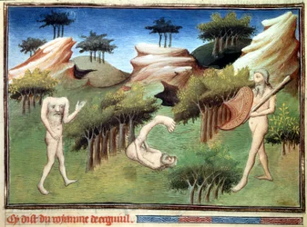Monstros da terra dos Merkites descritos por Marco Polo. Miniatura de "O Livro das Maravilhas" ("Descrição do Mundo", "Il Milione") de Marco Polo (1254-1324), ilustrada pelo Mestre de Egerton