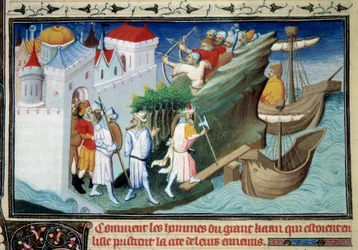 O Grande Khan contra os japoneses ou "Como os homens do Grande Khan que cercaram a ilha levaram a cidade dos seus inimigos". Miniatura retirada de "O Livro das Maravilhas" de Marco Polo (1254-1324). Iluminado por Mestre de Egerton