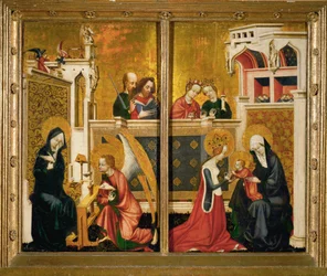 Pequeno altar com dois painéis. À esquerda: a Anunciação (óleo sobre madeira)
